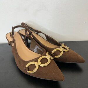 K-7 A New Day Size 8 Tabitha Oversized Chain Sling Back Heel Brown Faux Suede